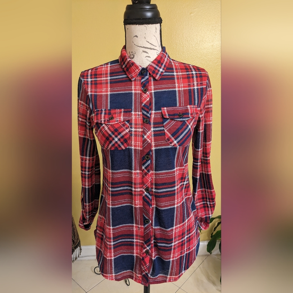 5/$25 LILY WHITE Flannel Print Button Down Shirt Red Blue & White Size Small